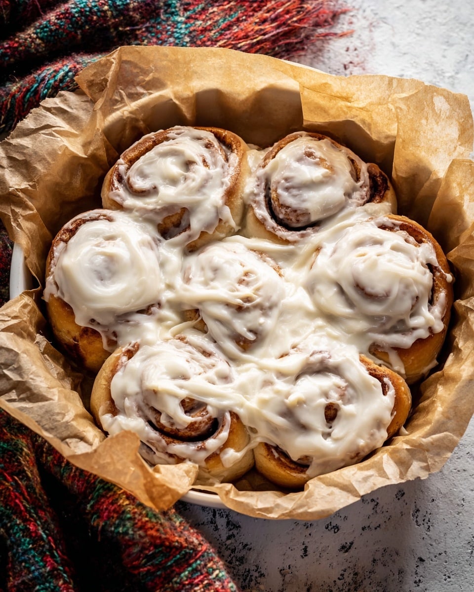 This image shows a round batch of cinnamon rolls, arranged tightly together in one layer inside a white dish lined with crumpled parchment paper. The rolls have a golden-brown, baked dough texture with visible spirals of cinnamon filling. The top is generously covered with a thick, creamy white icing that is spread unevenly, partially melting over the warm rolls. The dish sits on a white marbled surface, and to the left side, a colorful woolen cloth with red, blue, and green hues is slightly visible. A red container is faintly seen in the upper right corner. Photo taken with an iphone --ar 4:5 --v 7