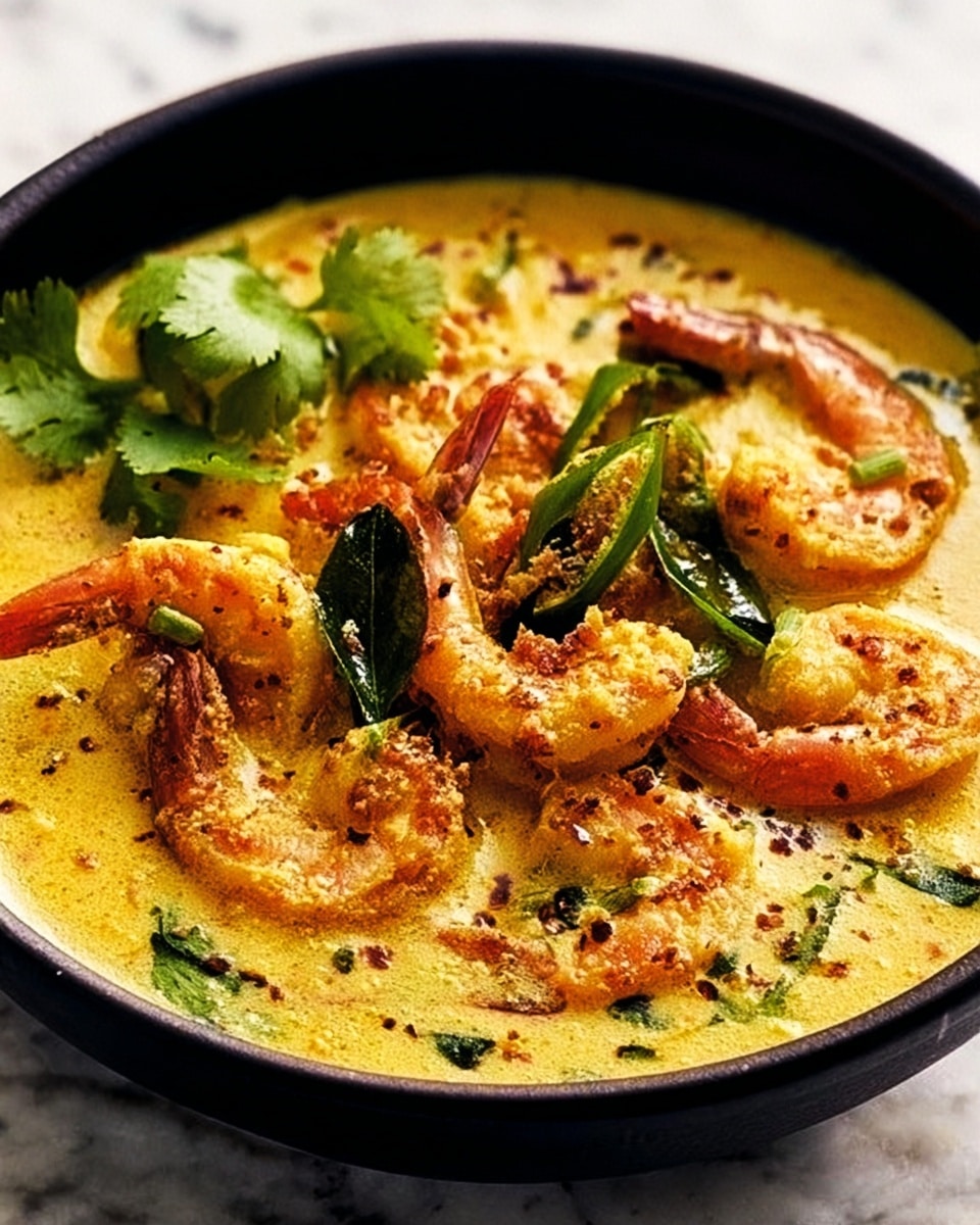 The image shows a black bowl filled with a creamy yellow curry base with visible spices and herbs. On top of the curry, there are several cooked shrimp with a pink-orange color and slightly curled shape, arranged evenly. Fresh green curry leaves are scattered across the dish along with some fresh green coriander leaves on one side, adding a splash of color. The background surface is a white marbled texture. Photo taken with an iphone --ar 4:5 --v 7