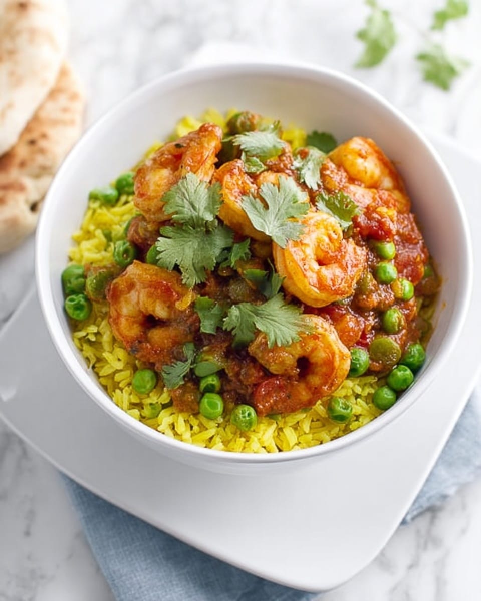 A white bowl filled with a base layer of yellow rice, topped with a saucy layer of cooked shrimp, green peas, and tomato slices, all mixed with a reddish-brown sauce with a slightly chunky texture, garnished with fresh green cilantro leaves. The bowl is placed on a white, square plate over a white marbled surface with part of a woman’s hand holding a piece of flatbread visible in the background. photo taken with an iphone --ar 4:5 --v 7