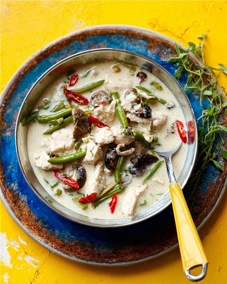 The image shows a round metal pan filled with a creamy white soup that has several layers of ingredients. The top layer includes chunks of white chicken meat, dark brown mushroom pieces, long green beans, and small slices of red chili peppers scattered across the surface. The soup looks thick and smooth, mixed well with the vegetables and chicken. The pan is placed on a rustic round tray with blue and brown tones, which sits on a bright yellow surface. A large metal spoon with a yellow handle rests inside the pan, its handle leaning out. There is also a small bunch of green herbs beside the tray on the white marbled texture surface. photo taken with an iphone --ar 4:5 --v 7
