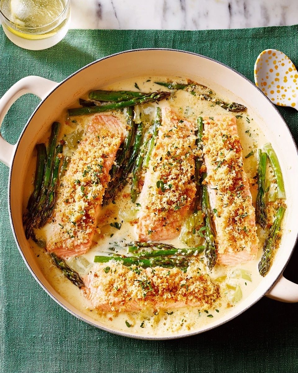 The image shows a white round pan filled with a creamy dish featuring four lightly browned salmon fillets partially covered by a golden breadcrumb topping. Bright green asparagus spears are scattered between the fillets, adding color contrast. The creamy sauce under the topping is pale with a slightly thick texture, pooling around the salmon and asparagus. The pan is placed on a light green cloth with a textured green surface beneath it. Next to the pan, there is a white spoon with yellow speckles and a glass of sparkling water is visible above. photo taken with an iphone --ar 4:5 --v 7