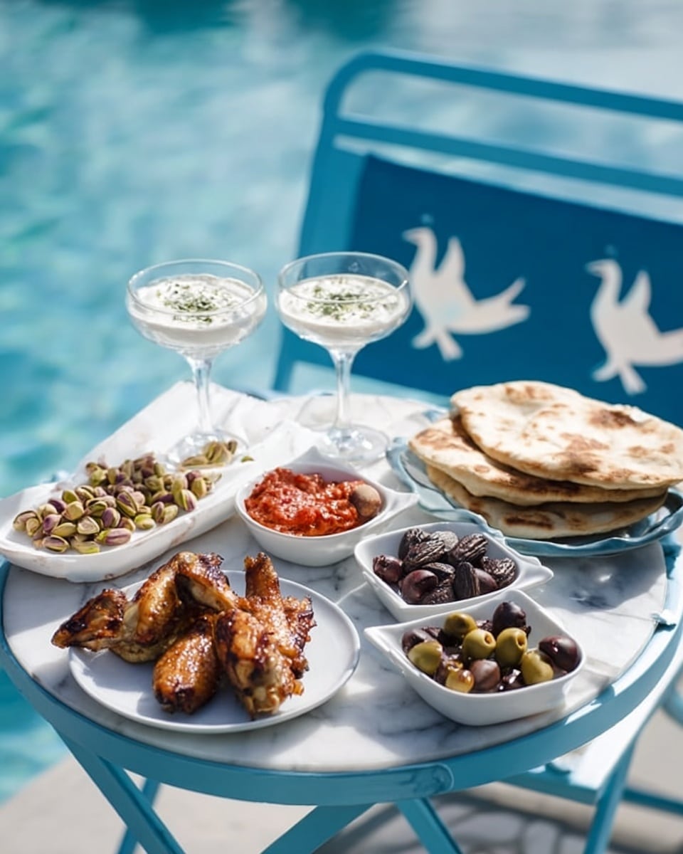 The image shows a small outdoor wooden table set by a blue swimming pool with two white square plates filled with different foods. On the plate on the left, there is a layer of golden-brown chicken wings topped with herbs, a bowl filled with red salsa or tomato mix, a bowl with white creamy dip, and a small pile of light green pistachios. On the plate to the right, there are light brown pita breads stacked with round edges, a small bowl of green and black olives, a few dates, and some light green fresh vegetables on the side. Two clear martini glasses with a white drink are placed on the table behind the plates. The chairs by the table are blue metal with a simple bird design. The white marbled surface under the table is visible on the side. photo taken with an iphone --ar 4:5 --v 7
