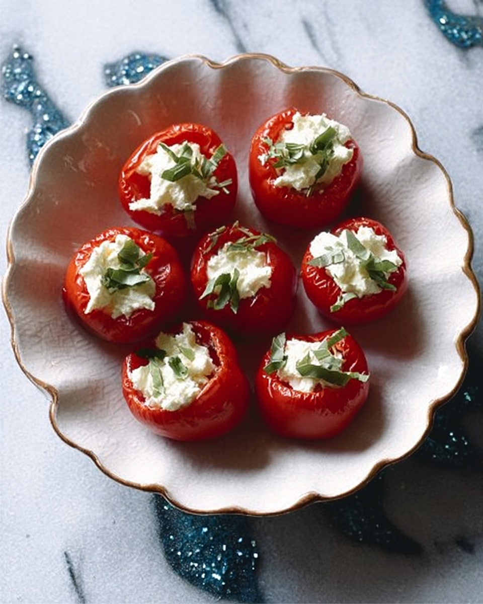 The image shows seven small red tomatoes hollowed out and stuffed with white cheese and green herbs, arranged evenly on a white scalloped plate with a slightly rustic texture. The tomatoes have a shiny, smooth surface, and the white cheese inside is in rough chunks with some green leafy herbs sprinkled on top. The plate sits on a white marbled textured surface, creating a clean and bright background. photo taken with an iphone --ar 4:5 --v 7