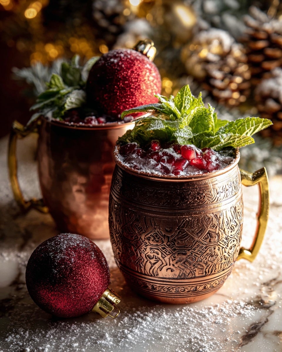 Two shiny copper mugs with ornate patterns and detailed golden handles sit on a textured white marbled surface scattered with what looks like powdered sugar. Each mug is filled with a dark red drink topped with bright red pomegranate seeds and fresh green mint leaves lightly dusted with powdered sugar. In the background, a sparkling deep red glittery ornament leans against one mug, adding a festive feel to the scene. Warm light creates soft shadows and highlights on the mugs and surface. photo taken with an iphone --ar 4:5 --v 7