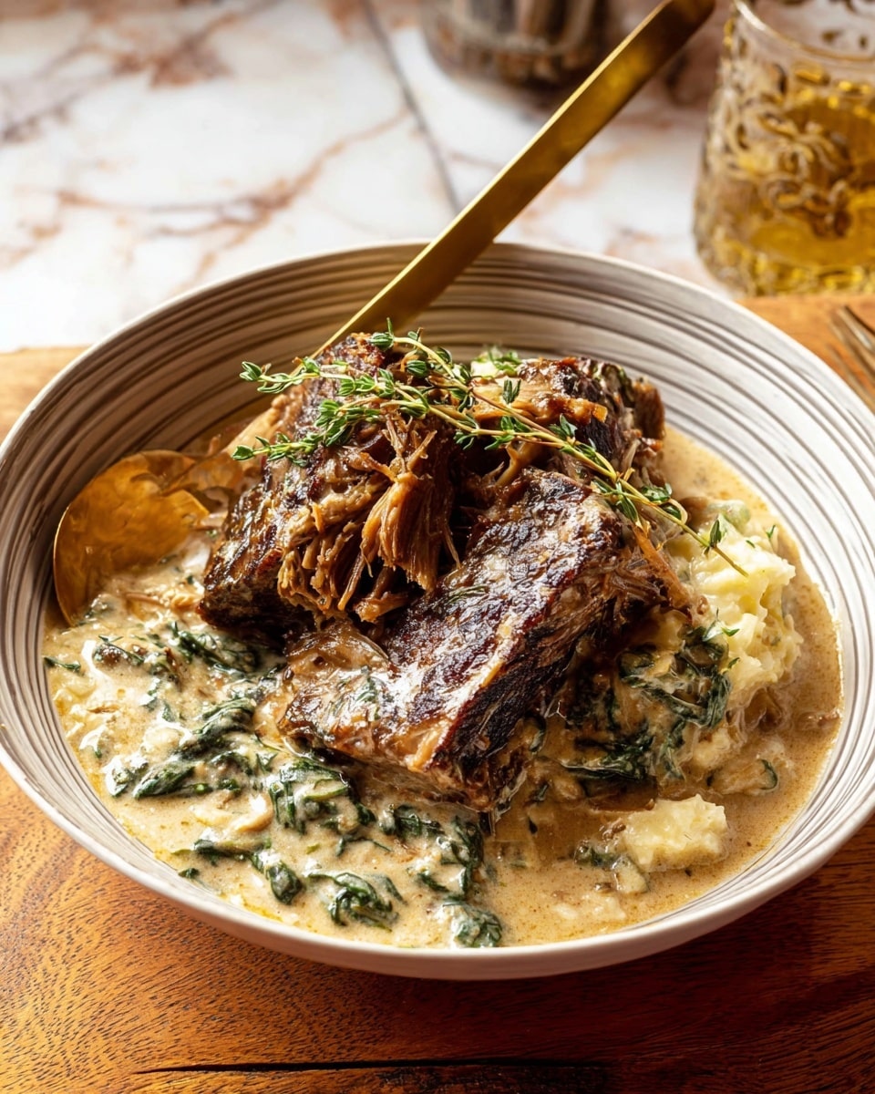 A white bowl with a creamy, light brown sauce base filled with soft mashed potatoes that have a slightly yellow tint. On top, there are two large, dark brown braised beef short ribs with a textured, slightly crispy outer layer and tender inside, one rib showing the bone. The dish is garnished with fresh green sprigs of thyme. A golden spoon rests inside the bowl on the left side. The bowl sits on a wooden table with a light gray cloth napkin tied with a brown ribbon near its base. Photo taken with an iphone --ar 4:5 --v 7