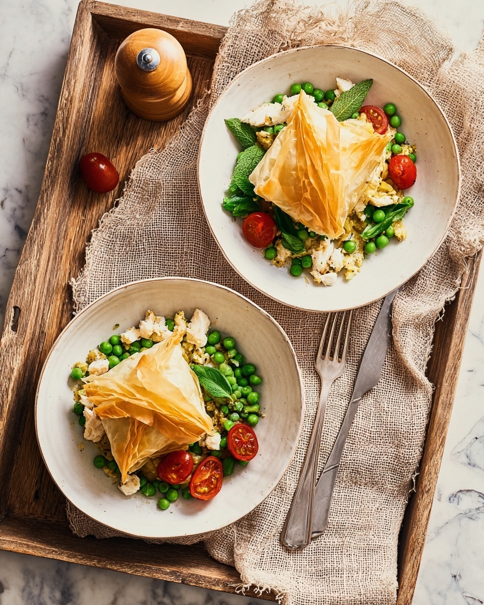 The image shows two white bowls filled with a colorful vegetable dish, placed on a wooden tray with carved edges, which rests on a white marbled background. Each bowl contains a golden, crispy, folded pastry layer on one side, with a shine indicating it is lightly brushed with oil or butter. Next to the pastry are bright green peas, whole roasted cherry tomatoes in a rich red color, and pieces of white fish or soft cheese scattered around, topped with several green leafy herbs. The bowls have a smooth cream-white inner surface, contrasting with the vibrant food. To the left of the tray, a silver fork and knife lie parallel on the marbled surface beside a wooden pepper grinder. The overall impression is fresh, warm, and inviting. photo taken with an iphone --ar 4:5 --v 7