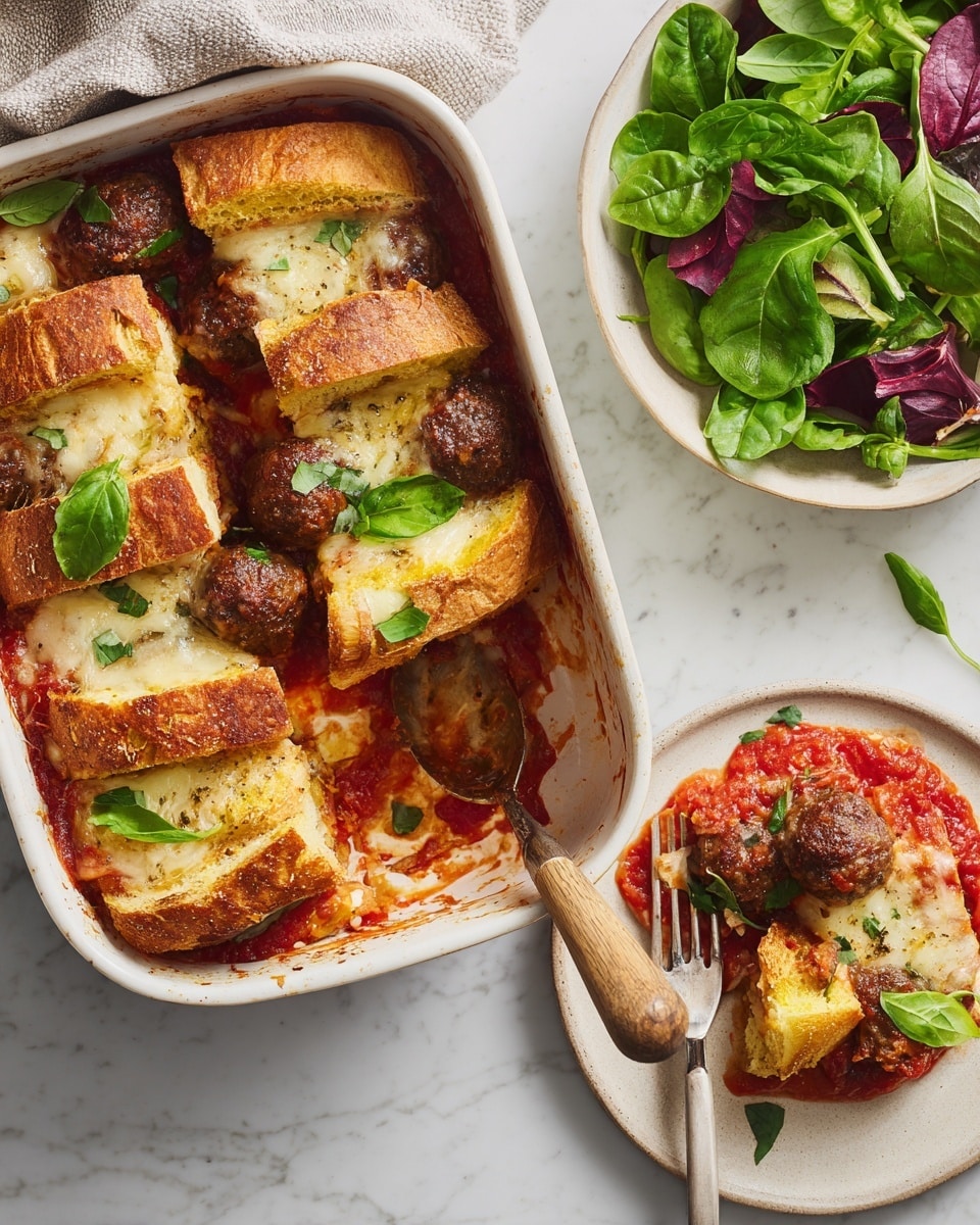 A white baking dish filled with a layered baked dish featuring thick slices of toasted golden bread arranged vertically and slightly leaning in the dish. Beneath and between the bread slices are browned meatballs and a rich red tomato sauce with some melted white cheese draped over both bread and meatballs. Small green basil leaves are scattered on top, adding fresh color. Next to the dish is a white wooden bowl with mixed green and dark red lettuce leaves, and a white plate holding a serving of the layered bake with a silver fork resting on the side. The scene is set on a white marbled surface with a few scattered basil leaves. photo taken with an iphone --ar 4:5 --v 7