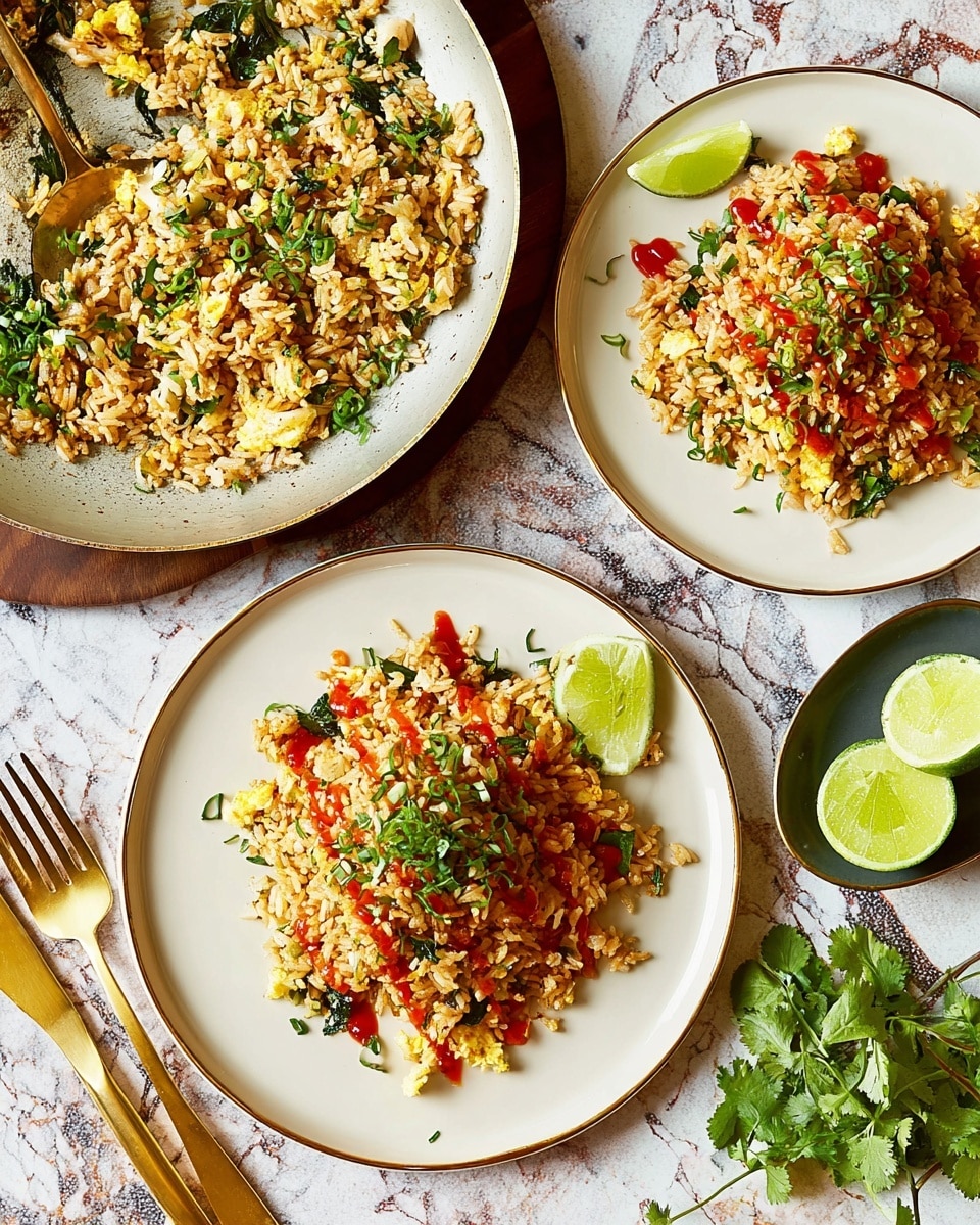 The image shows a dish of fried rice served on two white plates, each with a layer of golden-brown rice mixed with small green herbs and topped with a drizzle of red sauce and chopped green herbs. One plate is positioned near the bottom center with a lime wedge on the side, while the other plate is towards the upper right. On the left side of the image, a black skillet holds more fried rice with visible green herbs, and a metal spoon rests inside it. To the right of the skillet, a separate white plate contains two lime halves and some fresh cilantro leaves. The background surface is white marbled, and a gold fork and knife are placed next to the plate at the bottom center. photo taken with an iphone --ar 4:5 --v 7