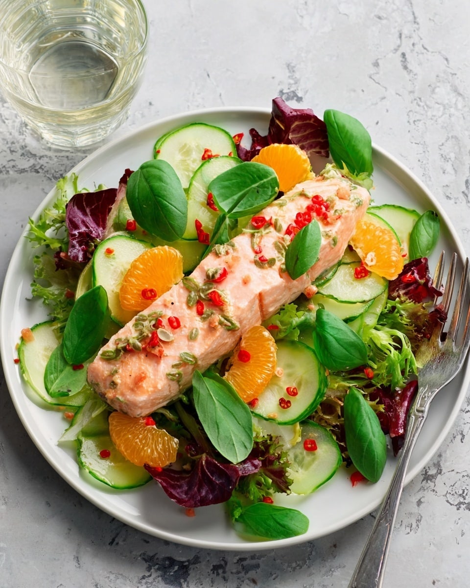 A white plate filled with a colorful salad that has three main visible layers: the bottom layer is made up of mixed dark and green leafy greens, the middle layer has thin slices of pale green cucumber and bright orange mandarin segments, and the top layer features a cooked salmon fillet with a light pink color, sprinkled with small red chili flakes. The plate is set on a white marbled surface with a glass of water and a fork nearby. photo taken with an iphone --ar 4:5 --v 7