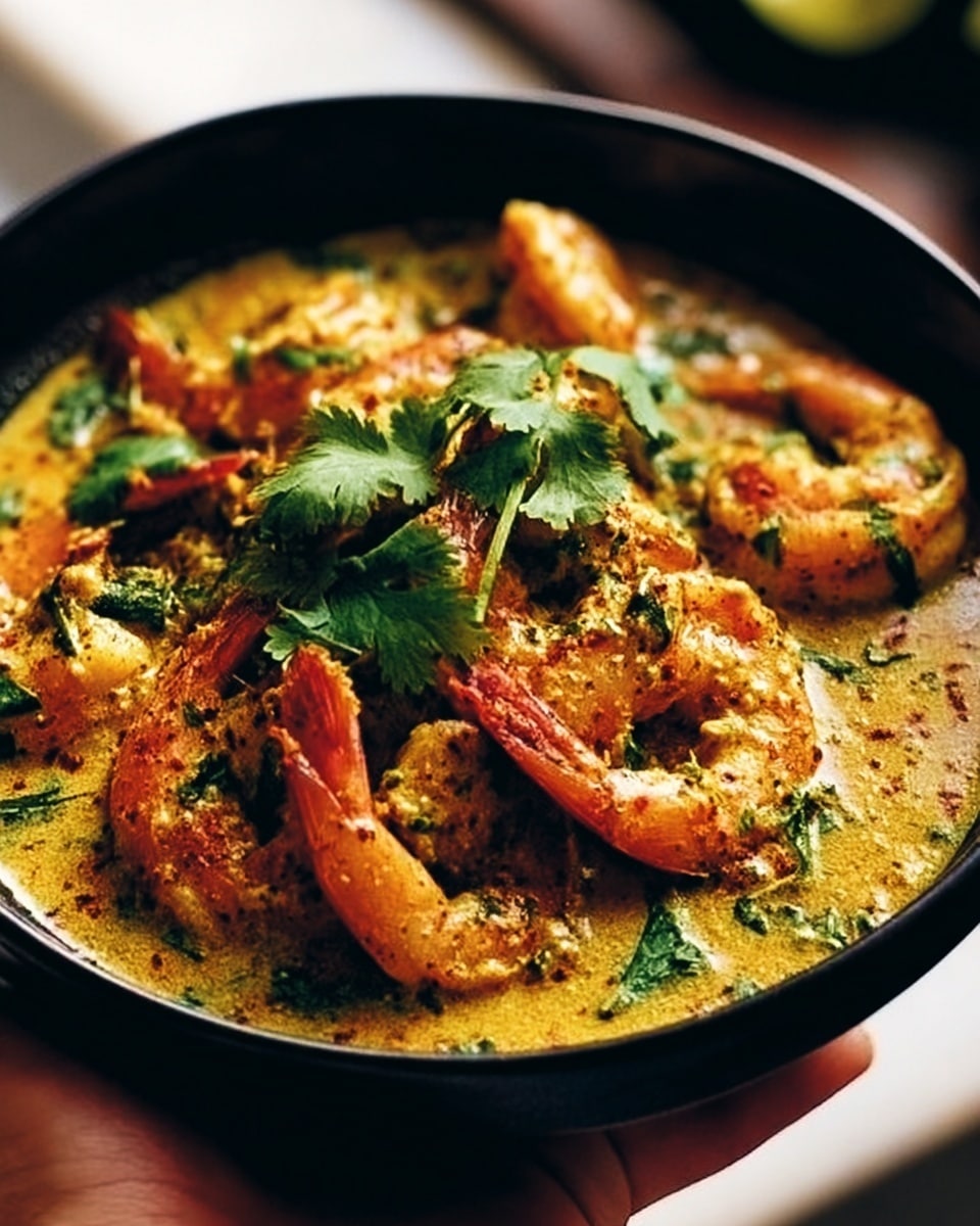 In this close-up image, a black bowl holds a rich dish with about two main layers: a creamy yellow curry base speckled with spices and herbs, and on top, pink shrimp arranged with their tails up, mixed with fresh green curry leaves and bright green cilantro sprigs for garnish. The edges of the bowl blur into a white marbled surface, and in the foreground, a part of a woman's hand grips the bowl handle, giving a warm, homey feel. The scene is softly lit, highlighting the textures of the shrimp and the creamy curry sauce, photo taken with an iphone --ar 4:5 --v 7