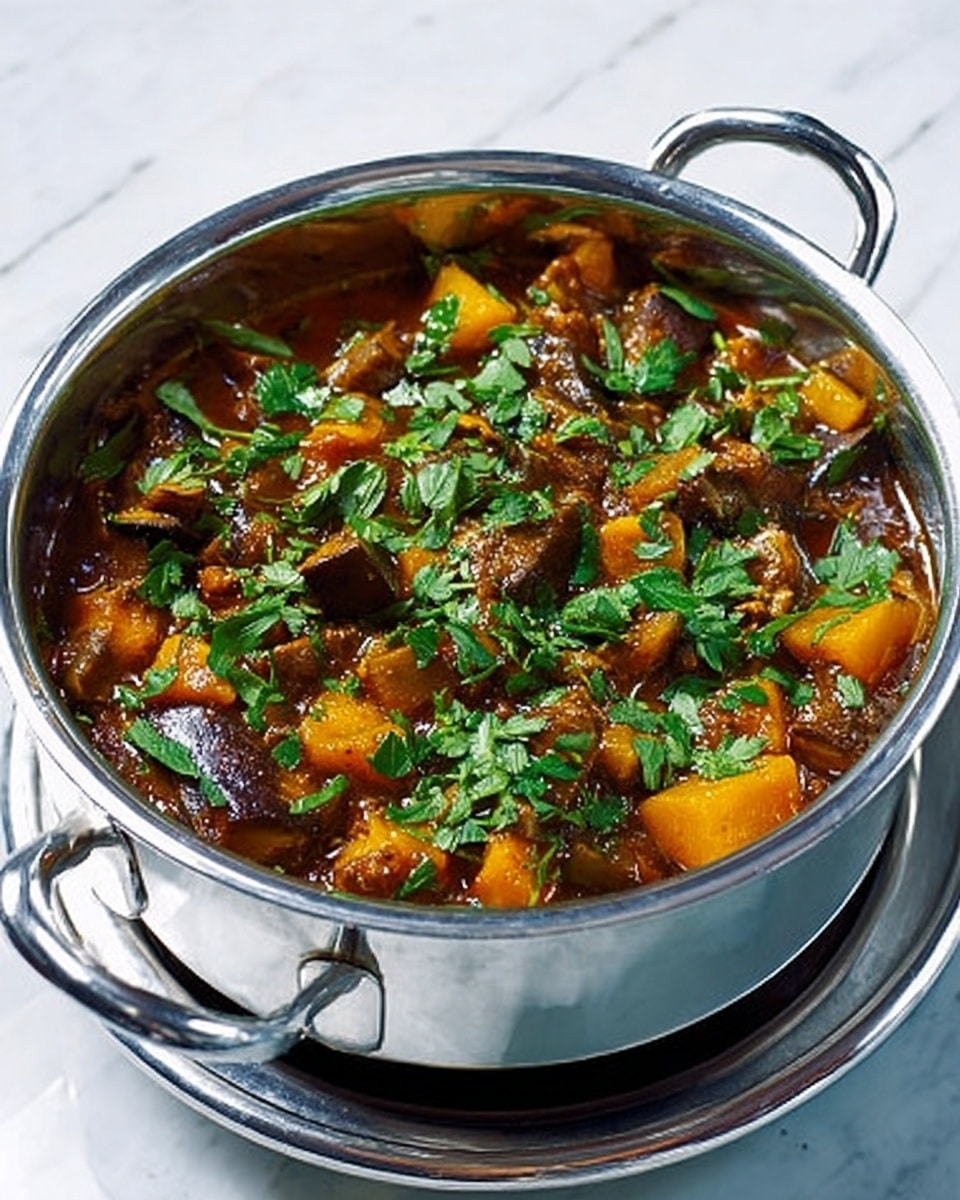 A shiny stainless steel pot filled with a rich stew that has several layers of colors and textures; at the bottom, there are dark brown mushroom pieces intermingled with soft orange chunks that look like cooked squash or pumpkin. On top, bright green fresh parsley leaves sprinkle the surface, adding a fresh contrast to the deep brown sauce coating the ingredients. The pot sits on a metal stand on a white marbled surface, reflecting the light softly. The stew looks thick and hearty with a mix of smooth and chunky textures. Photo taken with an iphone --ar 4:5 --v 7