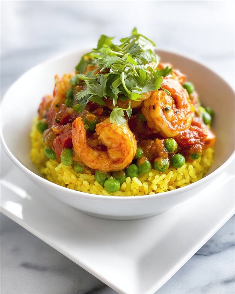 A white bowl filled with cooked yellow rice at the bottom layer, topped with a mix of cooked shrimp, peas, and cooked tomato pieces in a reddish sauce. Fresh green herbs are scattered on top as a final layer. The bowl is placed on a white square plate resting on a white marbled surface. Photo taken with an iphone --ar 4:5 --v 7
