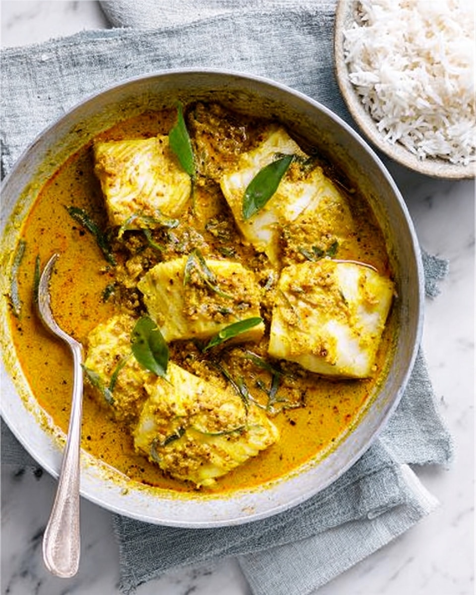 The image shows a light gray pan filled with a thick yellow curry sauce with visible spices and herbs, covering several large white pieces of fish. Some small green leaves are scattered on top, adding a fresh touch. A silver spoon rests inside the pan on the left side, partially submerged in the curry. The pan is placed on a folded gray cloth, which is on top of a white marbled surface. To the upper right, there is a white bowl filled with plain white rice. The colors contrast well with the light background, making the dish look warm and inviting. photo taken with an iphone --ar 4:5 --v 7