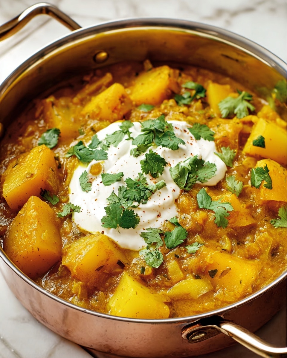 This image shows a close-up view of a large metal pot filled with a hearty yellow curry. The dish has large pieces of yellow potato and is mixed with other soft vegetables in a thick sauce. On top, there is a dollop of white yogurt or cream, garnished with fresh green cilantro leaves, giving a fresh contrast to the warm colors of the curry. The pot is set on a white marbled surface, and the curry looks rich and inviting. photo taken with an iphone --ar 4:5 --v 7
