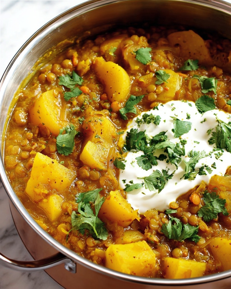 A close-up of a metal pot filled with a thick stew, showing multiple pieces of yellow potato chunks mixed with small, rounded vegetable slices and lentils in a light brown sauce. On top, there is a dollop of white sour cream or yogurt, sprinkled with fresh green cilantro leaves. The pot is placed on a white marbled surface. Photo taken with an iphone --ar 4:5 --v 7