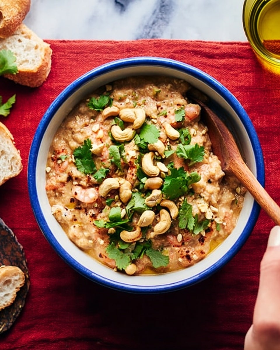 A white bowl with a blue rim holds a creamy, light brown dish with visible textures of crushed nuts and small shrimp mixed throughout. On top, there is a layer of whole cashews and fresh green cilantro leaves scattered evenly as garnish. A wooden spoon rests inside the bowl, partially submerged in the dish, with a woman's hand holding the spoon handle. The bowl sits on a red cloth over a white marbled surface, with pieces of bread and a glass of olive oil nearby. Photo taken with an iphone --ar 4:5 --v 7