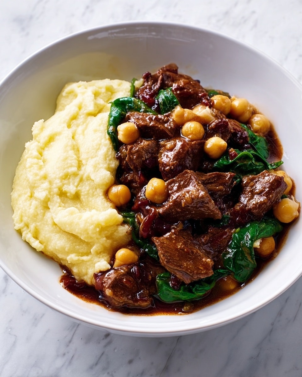 A white bowl holds a dish with two main layers: on the left side, there is a creamy, pale yellow mashed potato layer with a smooth and fluffy texture. On the right side, there is a rich dark brown stew made of tender chunks of beef, chickpeas, and bright green spinach leaves, all coated in a thick, glossy sauce that spills slightly onto the bowl surface. The background is a white marbled texture. Photo taken with an iphone --ar 4:5 --v 7