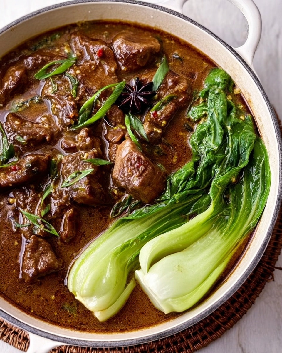 A white round pan filled with a dark brown stew made of tender meat chunks, visible herbs, and spices mixed in a thick sauce that covers the meat. On one side of the pan, two fresh green bok choy pieces rest partially submerged in the sauce, adding a bright contrast with their smooth and shiny leaves and thick pale stems. The pan is placed on a dark brown woven mat that sits on a white marble surface, creating a clean yet cozy setting. photo taken with an iphone --ar 4:5 --v 7