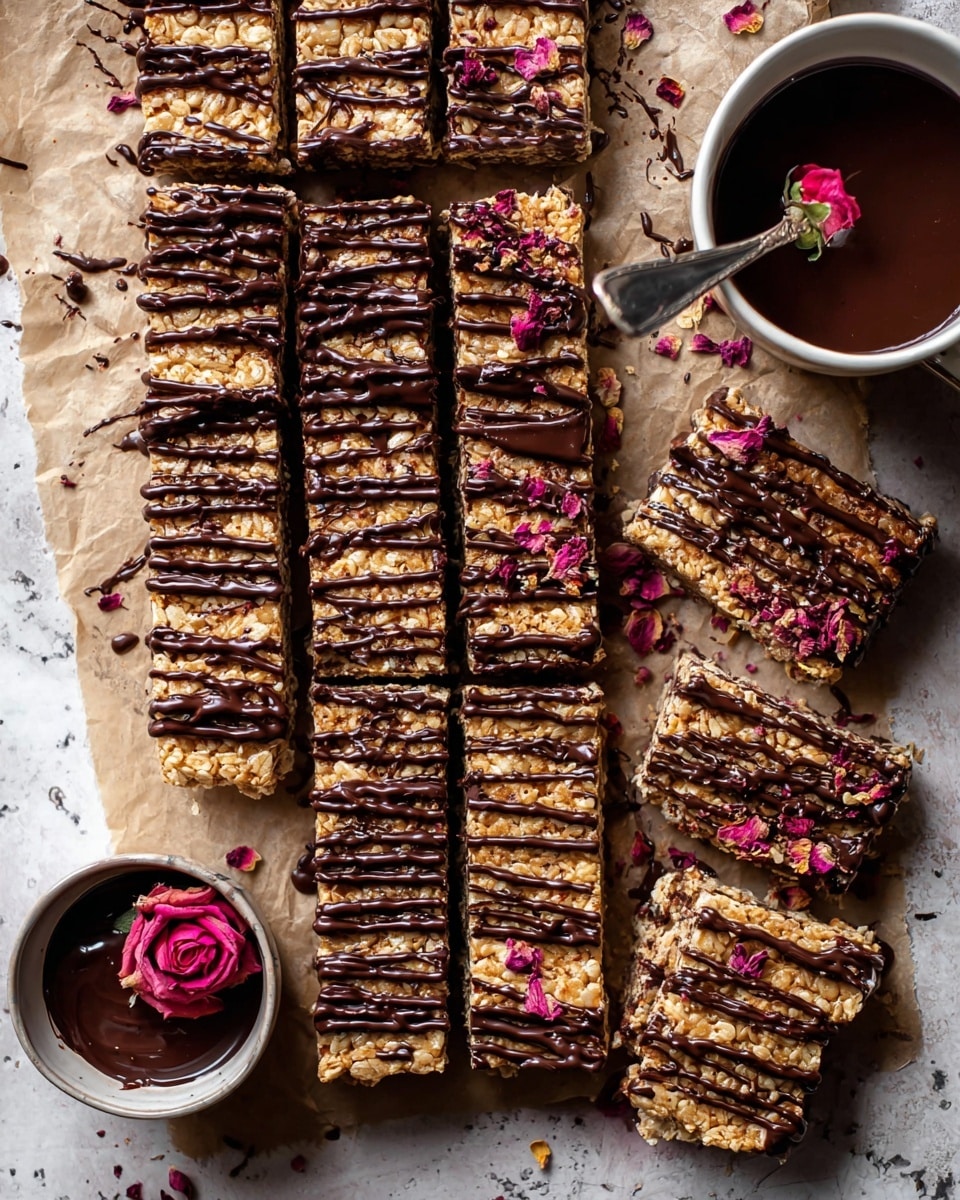 The image shows a group of rectangular crispy bars arranged on a sheet of parchment paper over a white marbled surface, with some bars cut into smaller pieces. Each bar has three layers: a light golden base layer with a crispy texture, a middle dark brown chocolate layer, and a top layer of golden crispy bits drizzled generously with dark melted chocolate in thin, uneven lines. There are also dark chocolate chunks on some bars and scattered dried rose petals adding a pop of pink color. In the top right corner, there is a white cup filled with melted dark chocolate, with some drips on its edge and on the parchment. photo taken with an iphone --ar 4:5 --v 7