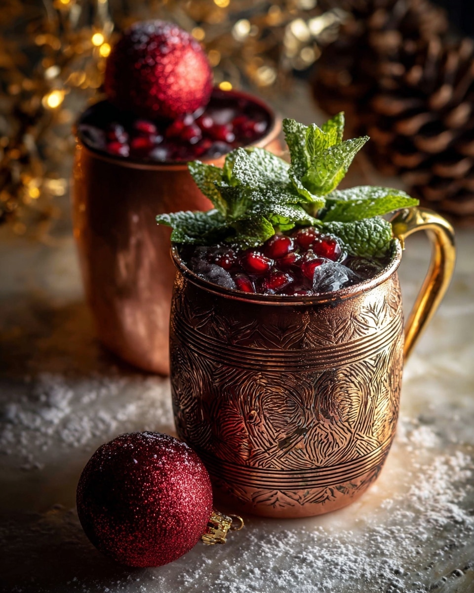 Two shiny copper mugs with ornate patterns hold a dark liquid topped with bright red pomegranate seeds and fresh green mint leaves dusted lightly with powdered sugar. A large glittery red Christmas ornament balances on the rim of the back mug, adding a festive feel. Both mugs sit on a white marbled surface scattered with a dusting of powdered sugar or snow-like texture. Warm, soft lights in the background create a cozy, holiday atmosphere with shadows playing on the mugs' shiny surfaces. photo taken with an iphone --ar 4:5 --v 7