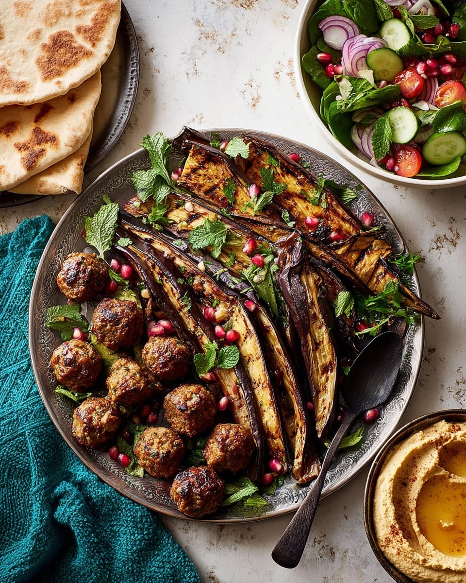 A round silver plate filled with two main layers: the bottom layer consists of long, dark brown grilled eggplant slices edged with black and garnished with fresh green herbs and scattered pomegranate seeds; the top layer is a cluster of golden-brown grilled meatballs also decorated with green herbs. To the top right of the plate, there is a white bowl of fresh salad with green spinach leaves, cucumber slices, red onion strips, and tomato wedges mixed and sprinkled with herbs. On the right side, a round white plate holds creamy hummus drizzled with olive oil and sprinkled with a light dusting of spices, with a spoon resting inside. To the left of the main plate, pieces of folded flatbread rest on a white marbled surface, partially covered by a green cloth. The entire setup is placed on a white marbled texture background. Photo taken with an iphone --ar 4:5 --v 7