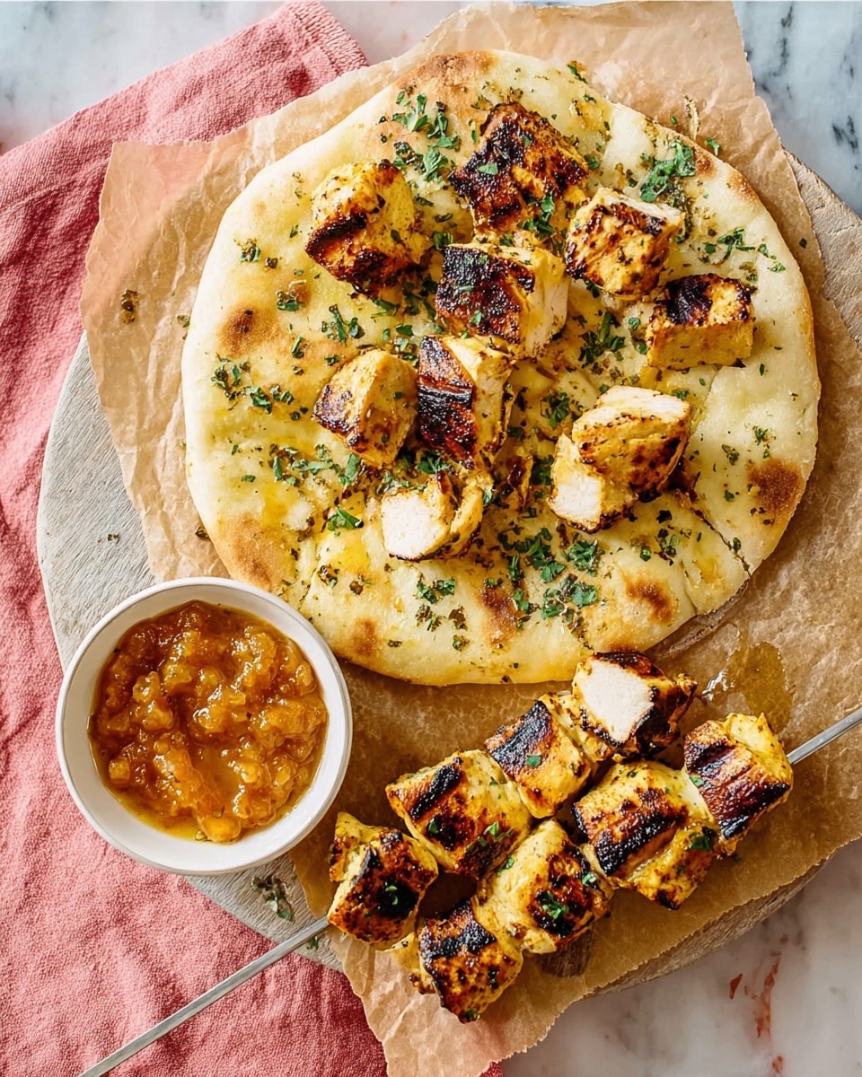 The image shows a piece of round, slightly thick naan bread with a light golden crust and some darker toasted spots on top, placed on a wooden board lined with parchment paper over a white marbled texture. On the naan, there are about seven pieces of grilled, golden-brown chicken with char marks scattered over it, sprinkled with chopped fresh green herbs. Below the naan, there are two metal skewers holding more pieces of grilled chicken, arranged neatly side by side. To the left of the skewers, a small white bowl filled with a glossy, chunky orange-brown sauce sits on the parchment paper. Some sauce and herbs are spilled lightly around, adding a messy, casual look. A woman's hand is not visible in the image. photo taken with an iphone --ar 4:5 --v 7