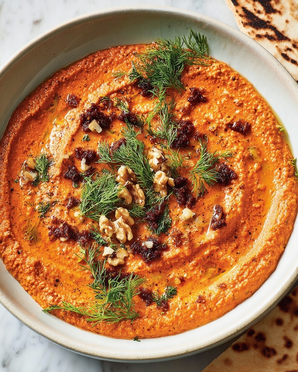 A white speckled round plate holds a single thick layer of bright orange-red spread with a slightly coarse texture, arranged in gentle swirls across the surface. Scattered over it are dark brown crispy bits adding texture contrast, along with small pieces of light tan walnuts. Bright green flat parsley leaves and feathery dill sprigs are spread evenly on top, brightening the dish with fresh color. The plate sits on a white marbled surface, and a small portion of grilled white pita bread with brown grill marks is visible at the corner. Photo taken with an iphone --ar 4:5 --v 7