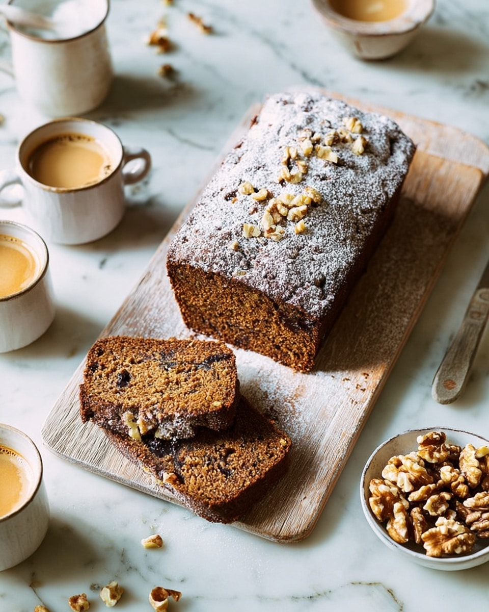 A loaf of dark brown bread with a rough texture and topped with chopped walnuts and light powdered sugar sits on a wooden tray placed on a white marbled surface. Two slices of the bread lay in front of the loaf, showing a dense texture with bits of nuts and dried fruit inside. Around the tray, there are three cups filled with light brown coffee foam and a small white bowl heaped with walnuts. The scene is bright and fresh. photo taken with an iphone --ar 4:5 --v 7