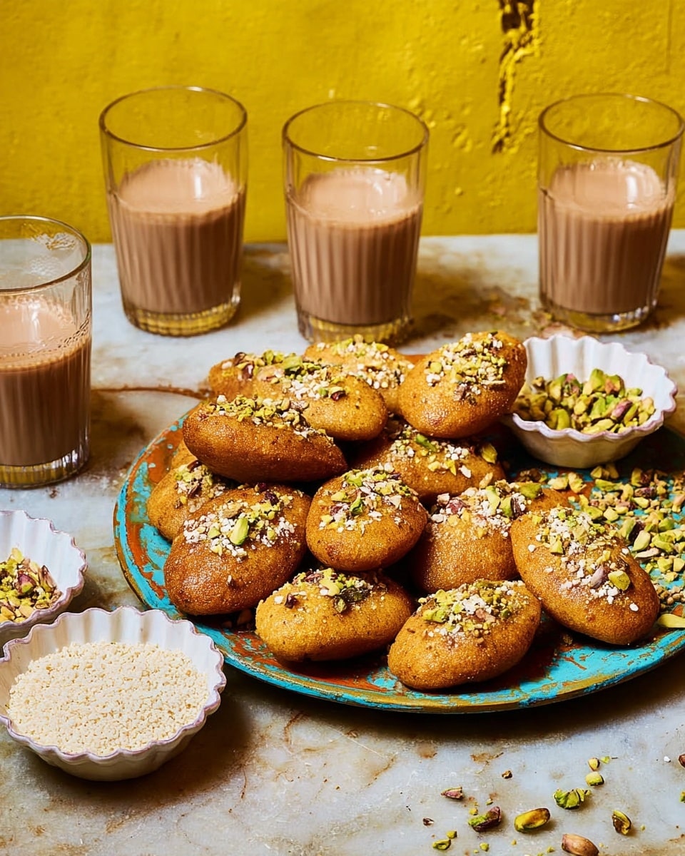 A round rustic copper plate holds twelve golden-brown, oval-shaped sweets arranged in a loose circle. Each sweet is topped with finely chopped white and green nuts and tiny saffron threads, giving texture and color contrast. Two small ridged bowls, one blue and one yellow, are on the plate, filled with chopped nuts. Surrounding the plate are three transparent glasses filled with a light brown creamy drink, placed on a white marbled surface. The yellow wall background adds warm tones to the scene. photo taken with an iphone --ar 4:5 --v 7