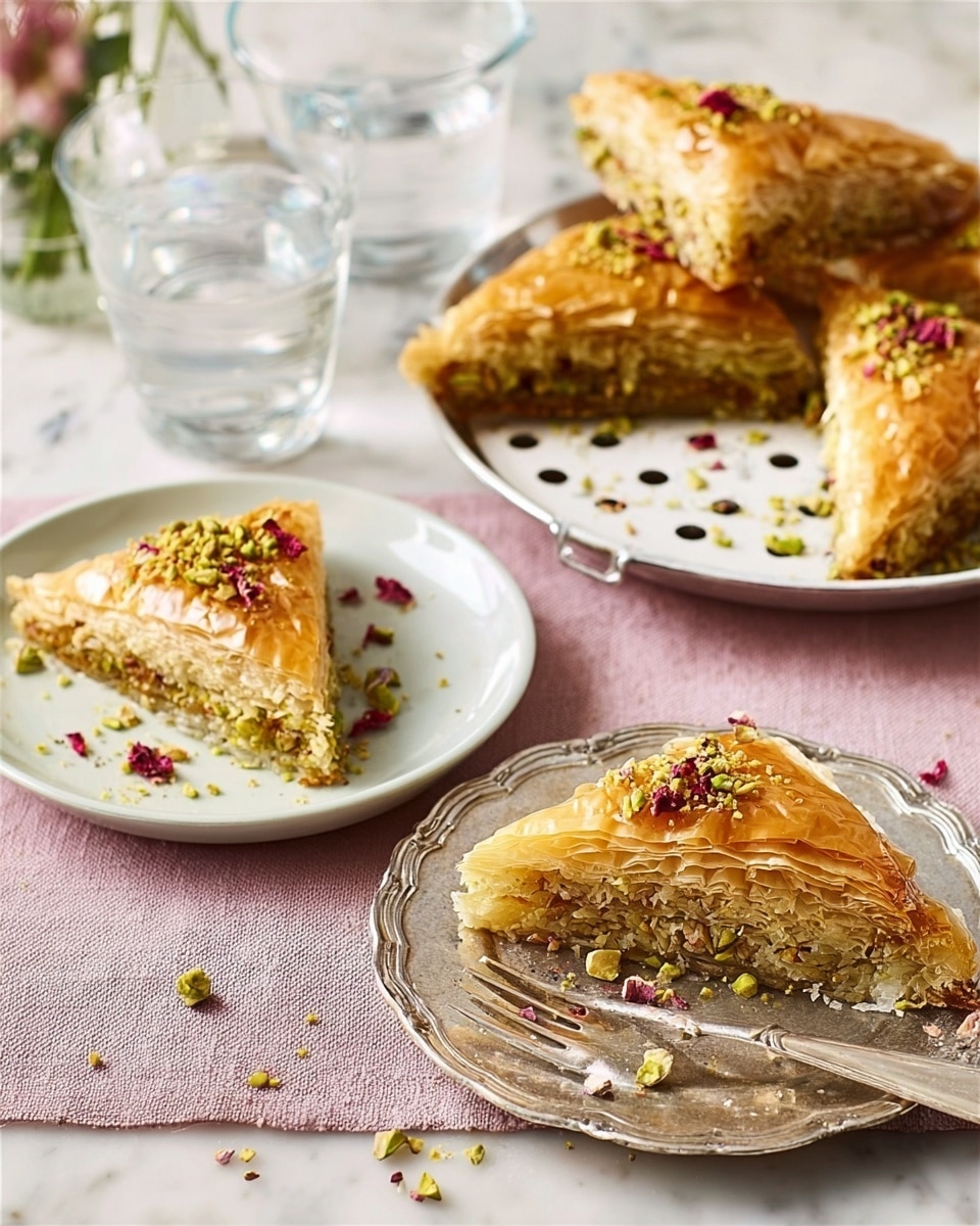 The image shows three triangular slices of a golden brown layered cake placed on two white plates with different designs, one plate has a plain design and the other is decorated with a scalloped edge, each slice topped with crushed pistachios and rose petals. The cake layers appear moist and flaky with a shiny, syrup-covered top layer that has a slightly darker golden hue. The plates are set on a white marbled surface covered with a soft pink cloth, with additional cake slices stacked on a white plate within the image. The scene also includes two clear glasses of water and a woman's hand about to pick up one of the slices on the right side. Photo taken with an iphone --ar 4:5 --v 7