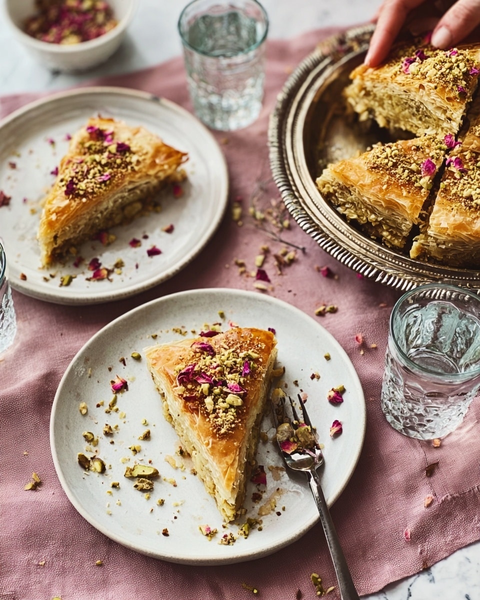 The image shows three triangular slices of a layered pastry with a golden-brown top, sprinkled with crushed pistachios and small rose petals. One slice is on a small white plate with a silver rim, placed on top of a larger silver plate, with some pistachio crumbs and rose petals around it. Another slice is on a small white plate with a scalloped edge, where a silver fork is placed next to the slice. The rest of the slices are stacked on a white plate with a decorative edge that has holes-looking design. The table is covered with a soft pink cloth, and two glasses of water are seen in the background on a white marbled surface. photo taken with an iphone --ar 4:5 --v 7