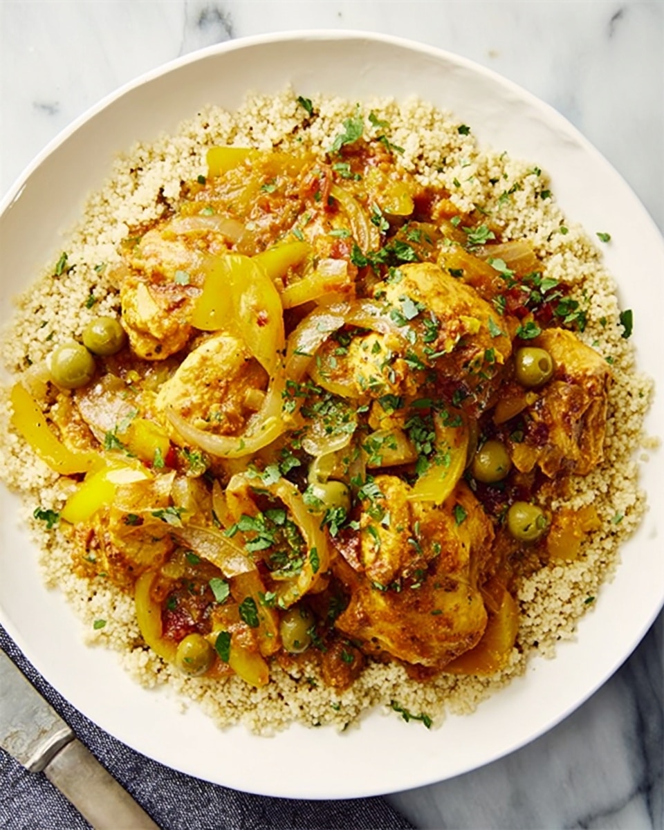 A white bowl holds a dish with two main parts: at the bottom, a layer of light beige couscous with a grainy texture, spread evenly across the base; on top, a colorful stew with chunks of yellow chicken, translucent cooked onion slices, green olives, and small bits of red and yellow vegetables, covered in a thick orange-yellow sauce with herbs sprinkled on top. The bowl sits on a white marbled surface with a striped light green cloth to the side and a dark utensil handle peeking from the right. photo taken with an iphone --ar 4:5 --v 7