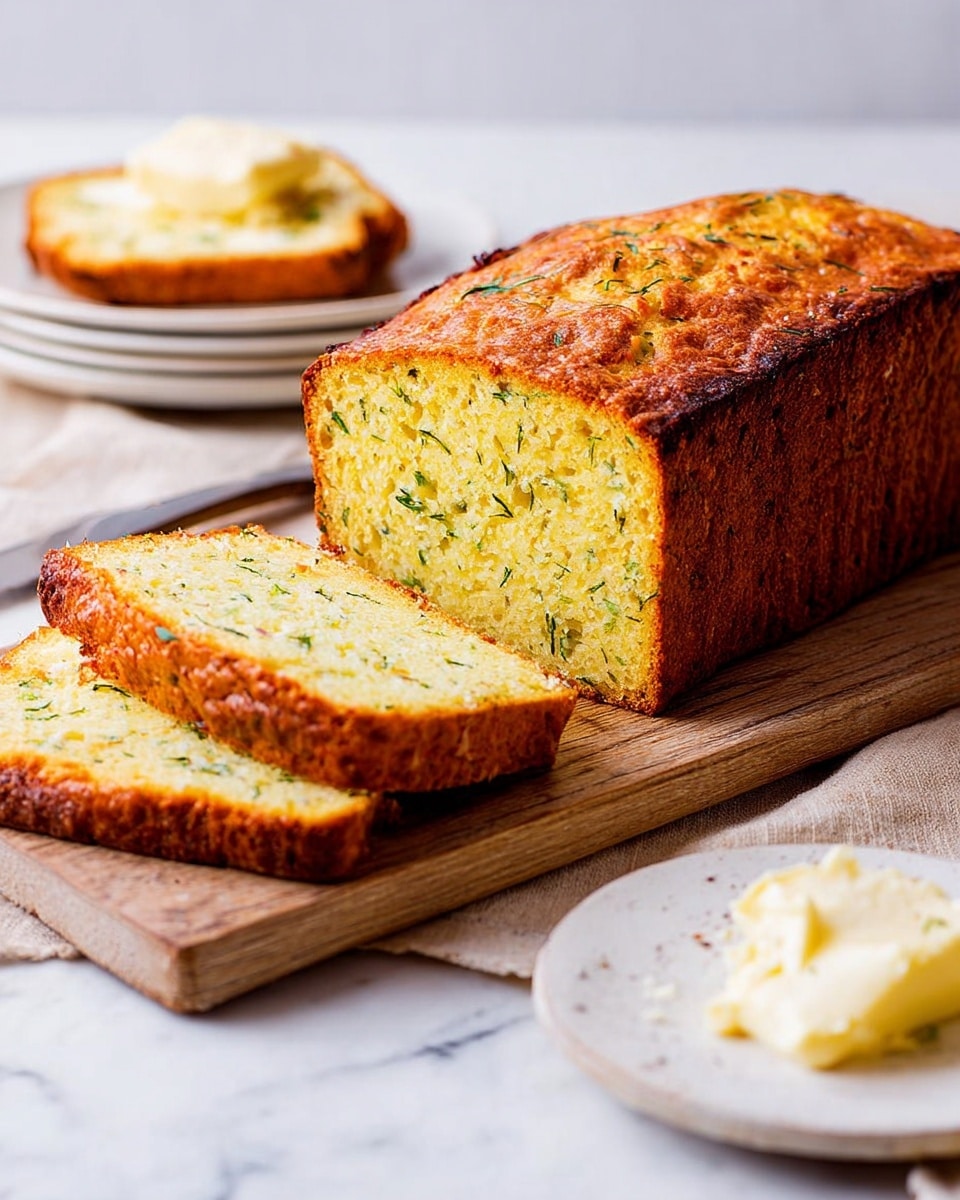 A loaf of golden-brown bread with a slightly textured crust sits on a light wooden cutting board, with two slices cut and laid flat in front of the loaf showing a soft, yellow inside speckled with green herbs. In the background, a white plate holds another slice, and a knife rests behind the cutting board. To the side, a small white speckled plate holds a few chunks of pale butter. The scene is set on a white marbled surface with soft natural light emphasizing the warm crust and moist crumb of the bread. photo taken with an iphone --ar 4:5 --v 7