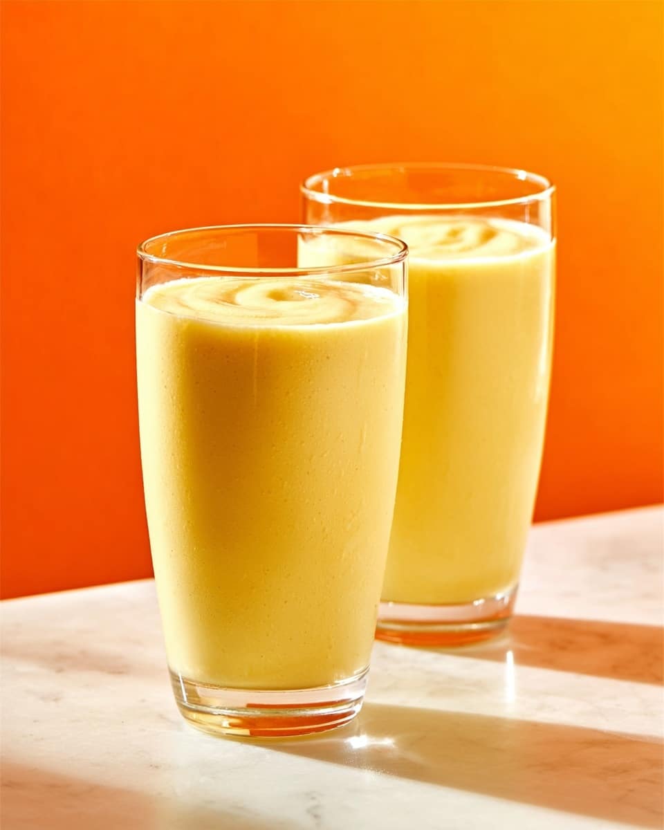 Two tall clear glasses filled with a smooth yellow drink that looks creamy and thick. Both glasses are placed on a white marbled surface with bright orange in the background. The surface reflects light, showing a soft shadow from the glasses. The drink's top is flat and has small wavy lines across it, adding texture. photo taken with an iphone --ar 4:5 --v 7