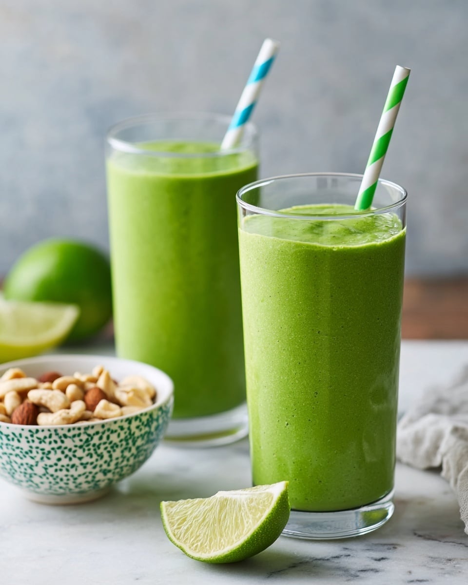 Two tall clear glasses filled with thick, bright green smoothie, each with a striped paper straw, one green-and-white and the other blue-and-white, standing on a white marbled surface. In the background, there is a white bowl with green leaf patterns filled with light brown cashew nuts. A whole green lime and a half-squeezed lime, both bright green, sit beside the glasses. The backdrop is dark and blurred, making the vibrant green of the smoothie stand out. Photo taken with an iphone --ar 4:5 --v 7