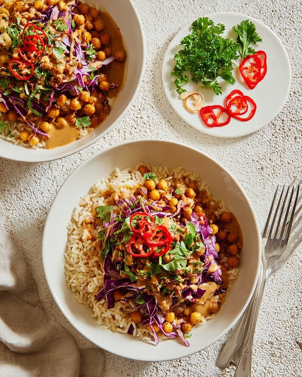 Two white bowls are placed on a white marbled textured cloth. Each bowl has three layers: the bottom layer is light brown cooked rice, the middle layer shows a mix of shredded purple and green vegetables, and the top layer is covered with golden-brown crispy chickpeas, drizzled with a light brown sauce, and garnished with sliced red chili and chopped fresh green herbs. To the top left of the bowls, there is a small white plate holding fresh green cilantro leaves and sliced red chili. On the right side near the bowls, two silver forks lie on the white marbled textured surface. photo taken with an iphone --ar 4:5 --v 7
