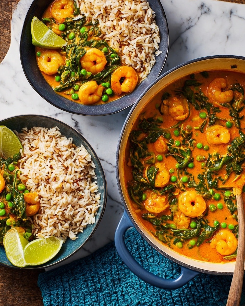 A white pot with blue handles is filled with a shrimp curry featuring pink shrimp, bright green peas, and dark green spinach leaves in an orange sauce. Next to it, a white bowl holds cooked brown and white rice mixed together, showing a slightly fluffy texture. In the front, a dark bowl contains a portion of the shrimp curry layered on top of a bed of the same rice, and two lime wedges sit on the side. The bowls and pot are placed on a dark wooden surface with a crumpled blue cloth nearby, all resting on a white marbled texture background. Photo taken with an iphone --ar 4:5 --v 7