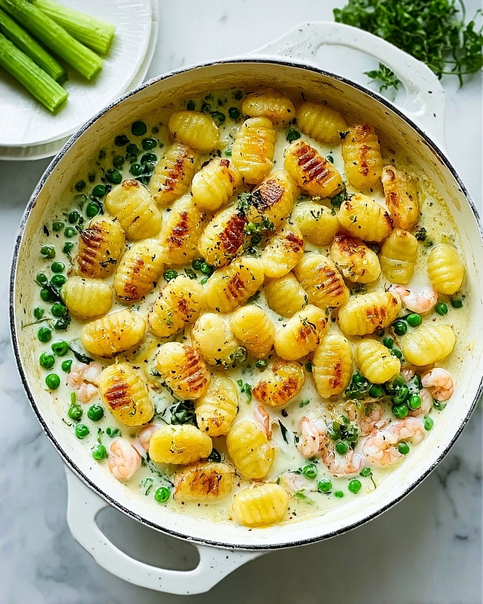 A white pan sits on a white marbled surface, filled with three main layers of food. The top layer is golden-brown gnocchi, some with grill marks, covering most of the pan. Below this is a creamy white sauce with a slightly melted texture. Mixed into the sauce are green peas, scattered evenly, and visible pink shrimp partly covered by the sauce and peas. The dish looks warm and fresh, with a light sprinkle of black pepper on top. Photo taken with an iphone --ar 4:5 --v 7