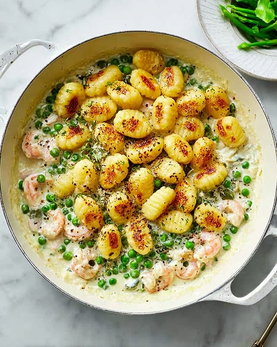 A white pan filled with cooked gnocchi on top, showing a light golden color and slight browning on some pieces, resting on a creamy white sauce mixed with green peas and pink shrimp underneath. The sauce looks smooth and slightly thick, with black pepper sprinkled over the gnocchi. Small parts of the sauce and peas are visible around the edges of the gnocchi. The pan is on a white marbled surface, and on the right side, a white plate with green asparagus is partly visible. photo taken with an iphone --ar 4:5 --v 7
