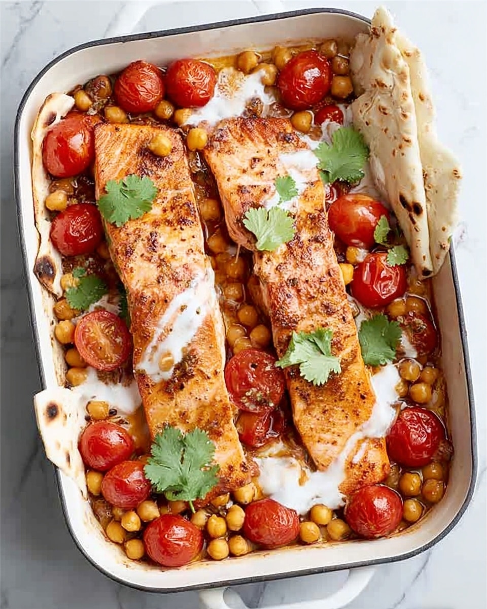 The image shows a white rectangular baking dish filled with two pieces of cooked salmon laid on a bed of chickpeas and cherry tomatoes. The salmon fillets are golden brown on top, slightly crispy, and positioned diagonally across the dish. The chickpeas are scattered evenly around the salmon, with many bright red cherry tomatoes mixed in. There are green herb leaves, likely cilantro, placed over the top, adding fresh green color. Thin slices of browned onion are visible among the chickpeas and tomatoes. On the edges of the dish, there are pieces of flatbread partially tucked in. The dish is placed on a white marbled surface. Photo taken with an iphone --ar 4:5 --v 7