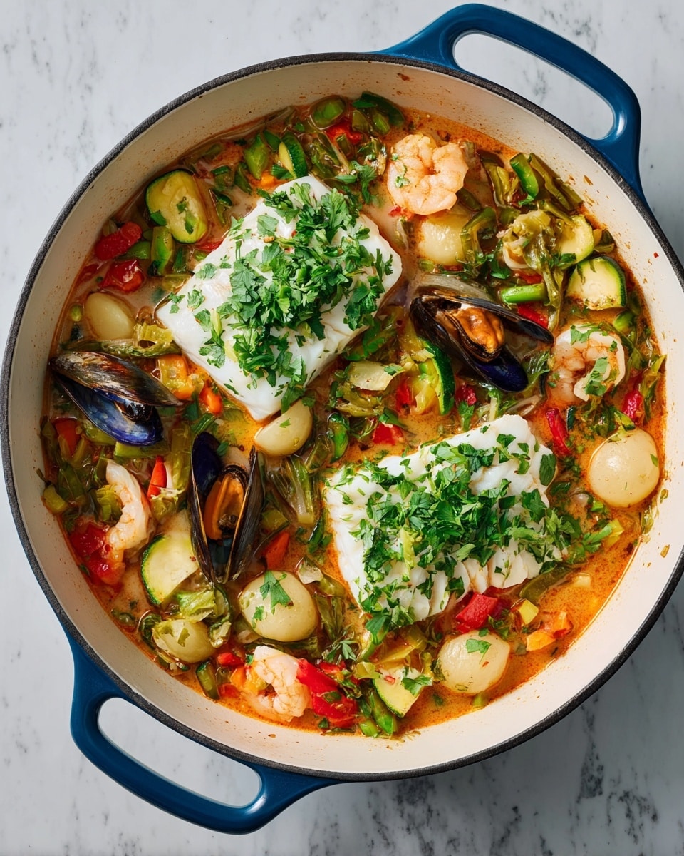 A white enamel pan with two blue handles holds a colorful seafood dish with two white fish fillets placed near the center, each topped with chopped green herbs. Surrounding the fish are layers of small pink shrimp, orange mussels, sliced green zucchini, chunks of pale yellow potatoes, and pieces of red pepper all mixed in a light orange broth. The dish is garnished with more chopped green herbs scattered over the top, set against a white marbled surface. Photo taken with an iphone --ar 4:5 --v 7