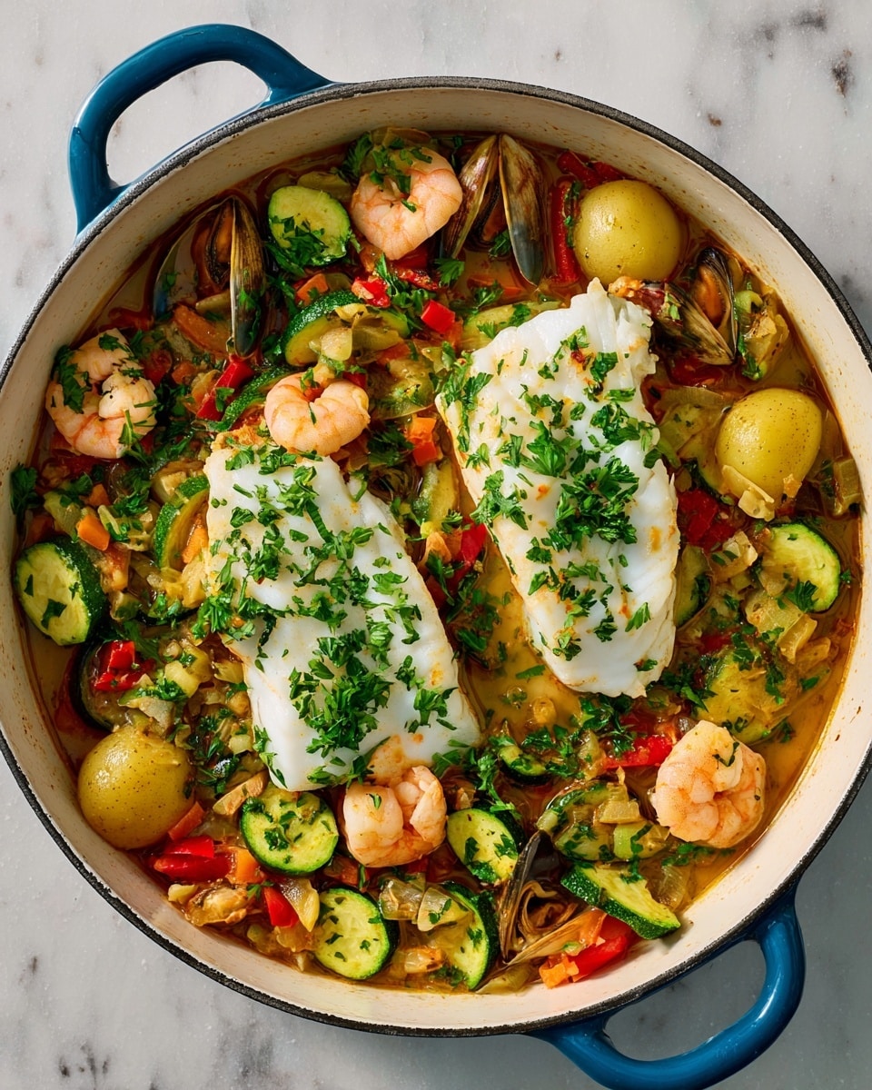 A white enamel pan with blue handles contains two thick white fish fillets placed near the center, each topped with chopped green herbs. Surrounding the fillets is a colorful mix of shrimp, orange mussels, potato chunks, sliced cucumber, and small red pepper pieces, all in a light broth. The dish shows layers of seafood and vegetables arranged evenly, with the parsley adding fresh green contrast on top. The pan sits on a white marbled surface. photo taken with an iphone --ar 4:5 --v 7