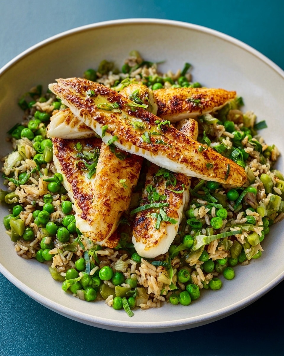 A white bowl filled with a base layer of brown fried rice mixed evenly with bright green peas and chopped green onions, giving a fresh and colorful texture. On top, there are several pieces of golden brown, grilled fish fillets, slightly flaky and stacked in a casual arrangement. The contrast between the warm tones of the fish and the vibrant green peas highlights the freshness of the dish. The bowl is placed on a white marbled surface, creating a clean and elegant background. Photo taken with an iphone --ar 4:5 --v 7