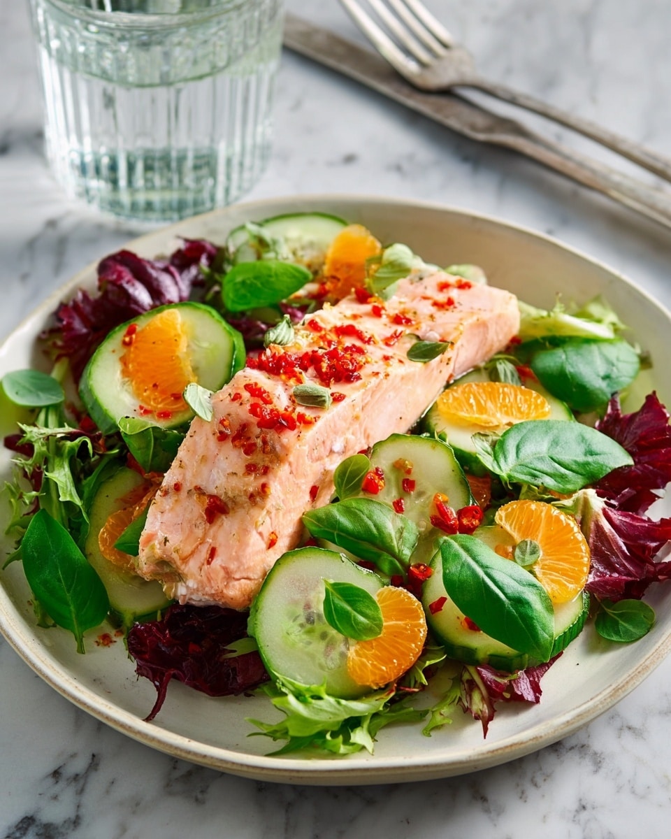 The dish is served on a white plate with blue speckles placed on a white marbled surface. It has one main piece of light pink salmon laid horizontally in the center, topped with small red chili flakes. Beneath the salmon are smooth, round slices of pale yellow potato and bright orange segments scattered evenly. Around the plate are fresh leafy greens in various shades of green and dark purple, with shiny textures and some basil leaves visible, adding freshness and color contrast. A clear glass of water and a silver fork lie near the plate. Photo taken with an iphone --ar 4:5 --v 7