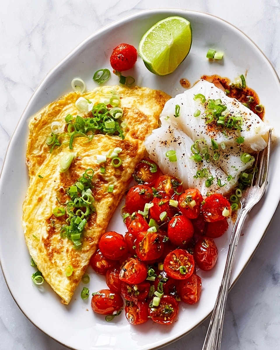 The image shows a white oval plate on a white marbled texture surface. On the plate, there are three main parts: on the left side, two triangular pieces of golden-brown omelette topped with chopped green onions; in the middle front, a layer of bright red cooked cherry tomatoes mixed with chopped green herbs; and on the right side, a large white grilled fish fillet with black pepper and green herbs on top, next to a metal fork and lime wedges placed on the plate. Photo taken with an iphone --ar 4:5 --v 7