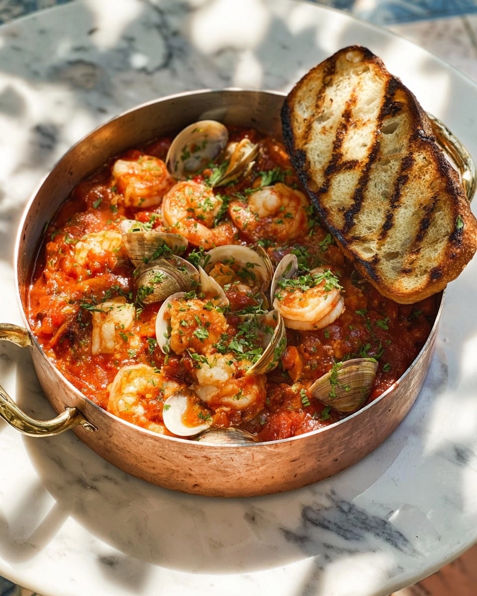 A round copper pan filled with a seafood stew sits on a white marbled surface with a blue and white tiled table visible beneath. The stew has a rich red tomato base with pieces of white fish chunks, pink shrimp with shells, and small clams with open shells scattered throughout. Fresh green herbs are sprinkled on top, adding a touch of color. On one side of the pan, three large slices of toasted white bread with grill marks rest upright, leaning against the edge. The lighting creates soft shadows around the pan, and a glass with a light pink drink is partially visible in the background. Photo taken with an iphone --ar 4:5 --v 7