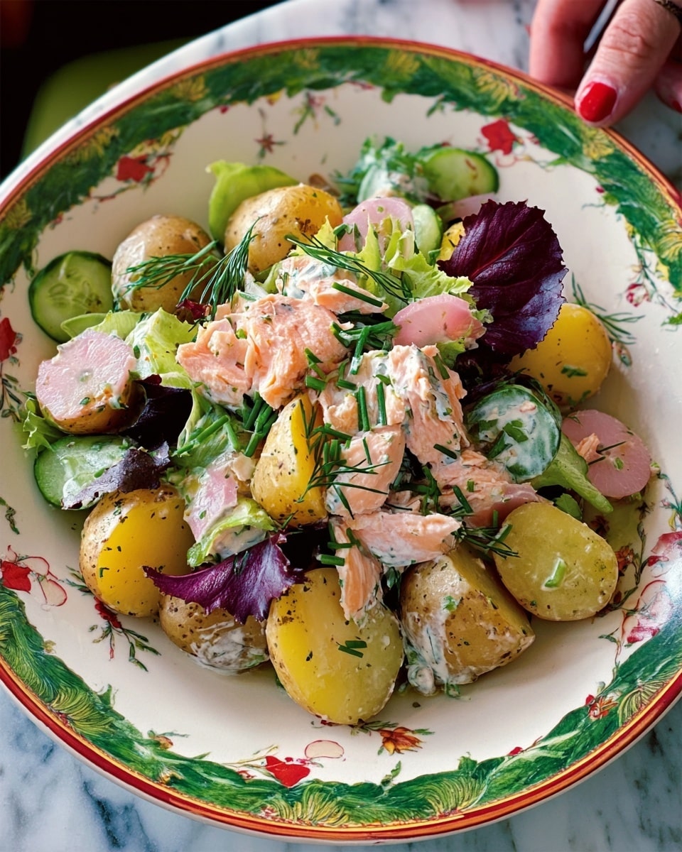 A colorful salad served in a white plate with a green leaf border, placed on a white marbled surface. The salad has several layers: starting with round, light brown baby potatoes at the base, topped with small pieces of pale pink salmon mixed with a creamy dill sauce that adds a white and green speckled texture. On top, there are fresh, crisp lettuce leaves in shades of deep red and light green, along with thin, long green chive stems scattered throughout. The salad is sprinkled with black pepper and greens, giving texture and color contrast to the dish. photo taken with an iphone --ar 4:5 --v 7