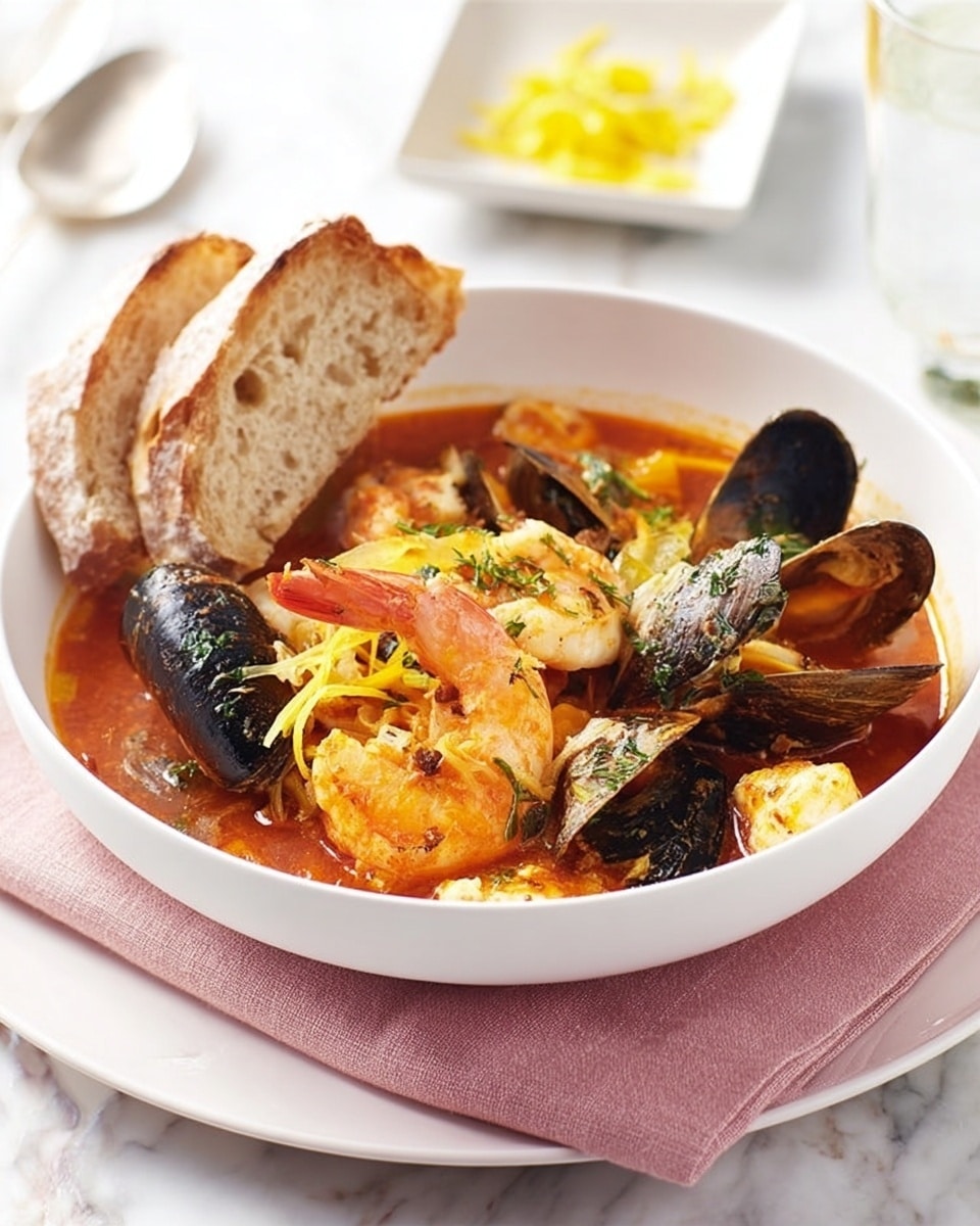 A white bowl filled with a rich, red tomato-based seafood stew sits on a pink cloth atop a white marbled surface. The stew has multiple layers: the base is a thick, textured red sauce, topped with various seafood including black mussels in shells, orange shrimp, and white fish pieces. Small green herbs are sprinkled over the dish for a fresh touch. To the left of the bowl, two thick slices of crusty bread rest directly on the white marbled surface. In the background, there is a clear glass with a light drink and a white square dish with yellow sauce. The overall scene is bright and clean with soft natural light. photo taken with an iphone --ar 4:5 --v 7