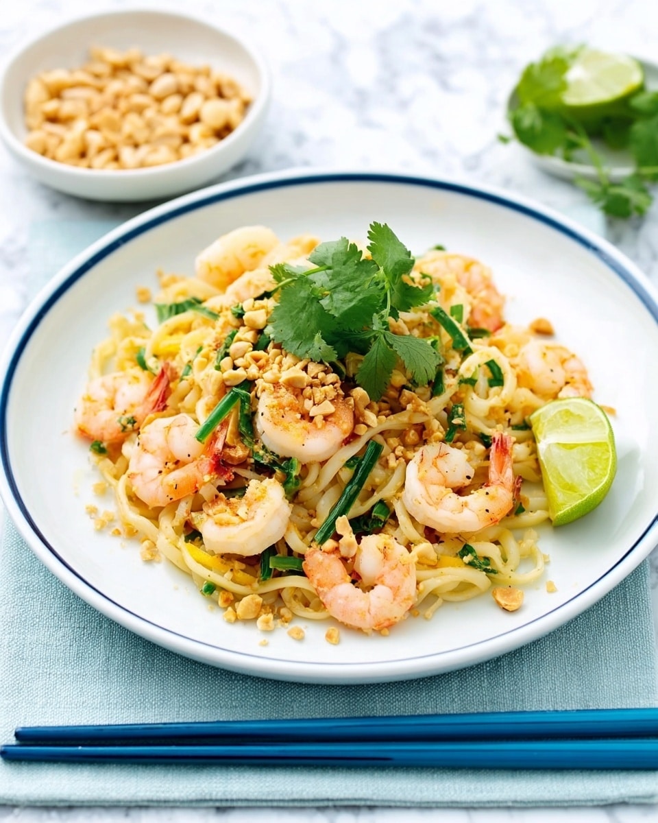A white plate with a blue rim holds a dish of cooked noodles as the bottom layer, creamy white and smooth in texture. On top of the noodles, there are several cooked shrimp, pink and slightly curled, mixed with pieces of green vegetables, likely chopped green onions, adding a fresh touch. Scattered over everything are crushed peanuts, light brown and crunchy, along with small lime wedges placed for garnish. Fresh green cilantro leaves sit on top, adding a vibrant color contrast. The plate is set on a white marbled surface with a folded light blue cloth in the background, and a small white bowl filled with peanuts is visible behind the plate. In front of the plate, two blue chopsticks lie parallel. Photo taken with an iphone --ar 4:5 --v 7