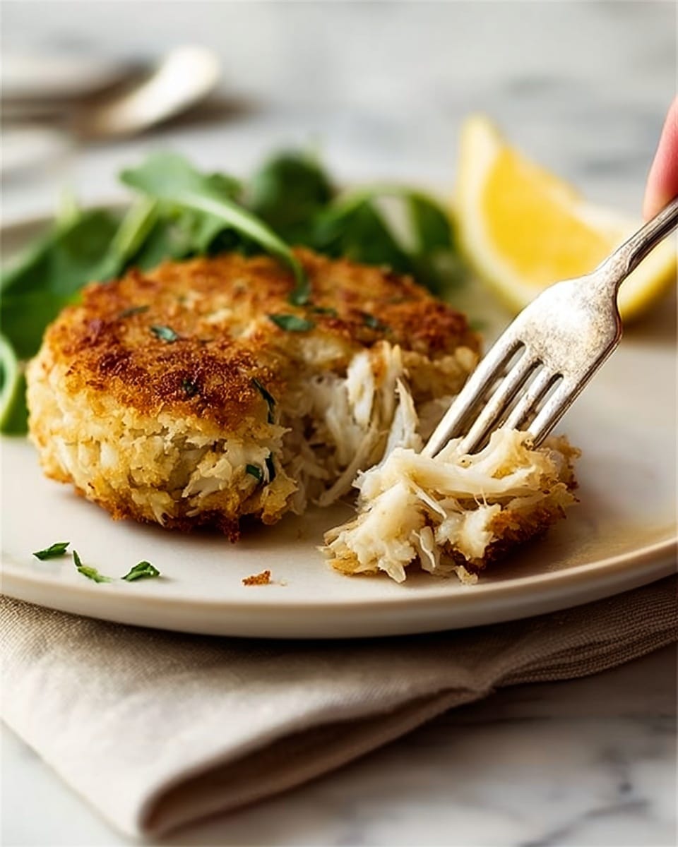 A close-up image of a crab cake on a white plate, showing three visible layers: a golden-brown crispy outer layer, a soft white flaky crab meat inside, and some green herb pieces mixed within the crab. A fork is cutting into the crab cake from the right side, holding a piece of the soft crab meat. A wedge of lemon and some green leaves are placed behind the crab cake on the plate. The plate sits on a folded beige cloth with a white marbled surface background. Photo taken with an iphone --ar 4:5 --v 7